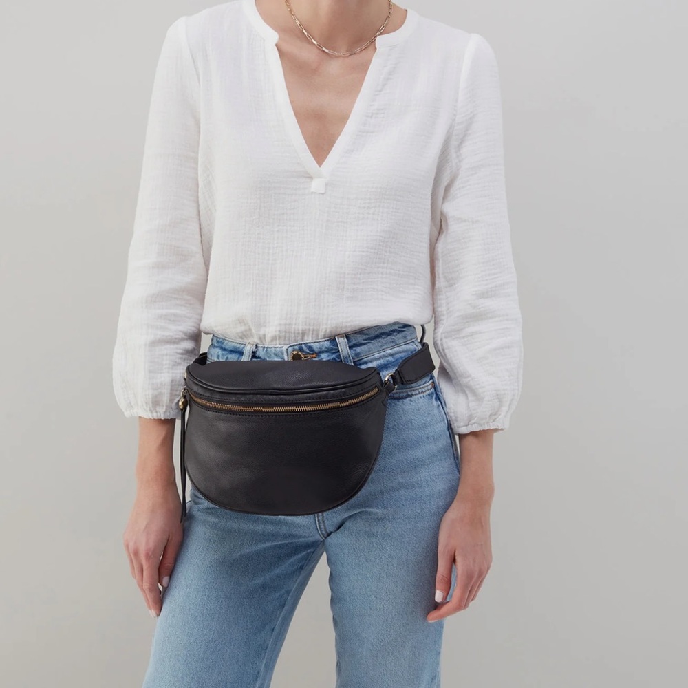 HOBO Black Leather Crossbody Belt Bag with Gold Hardware